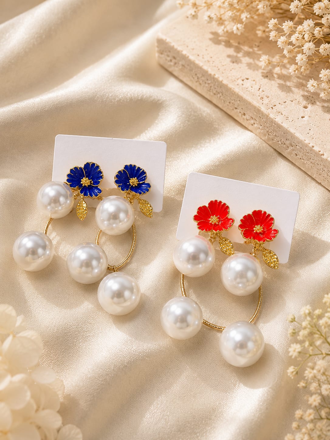 Floral Double-Pearl Drop Earrings